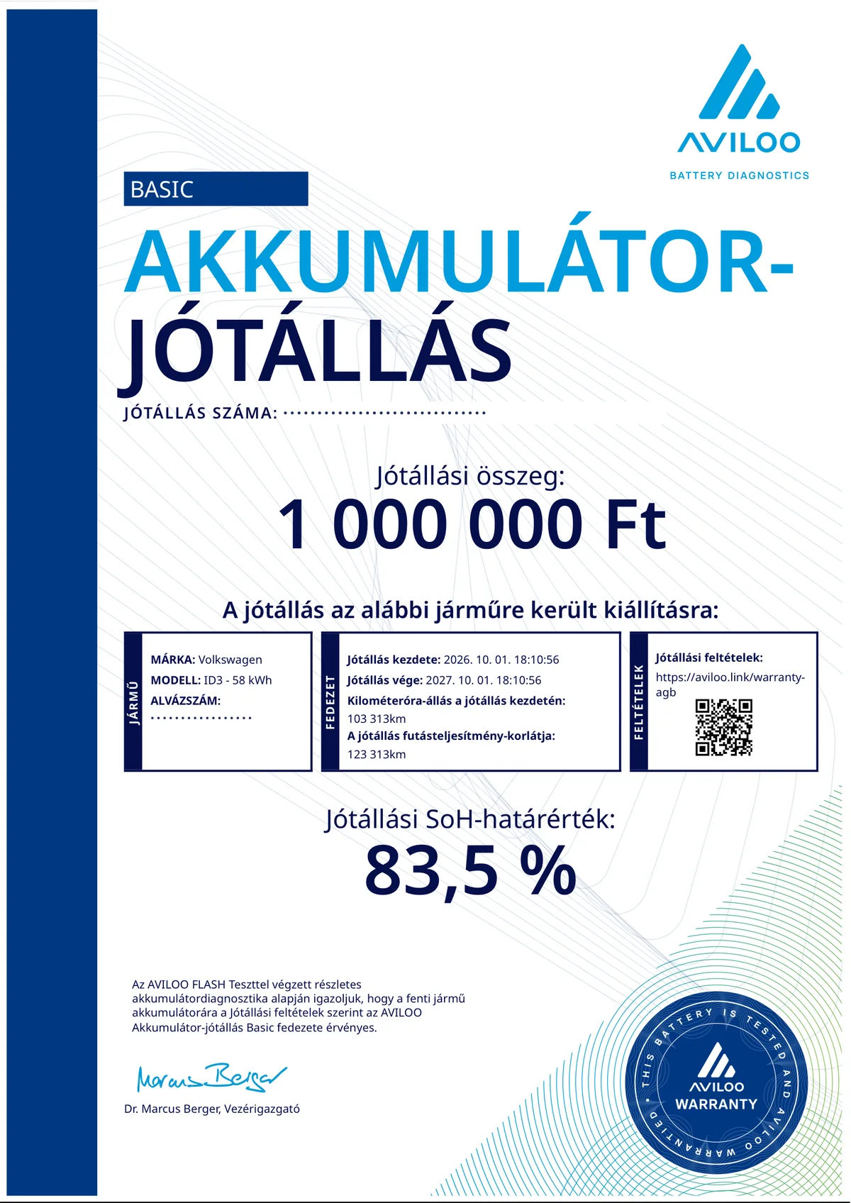 AVILOO akkumulátor-jótállás dokumentum első oldala: 1 000 000 Ft jótállási összeg, 83,5% SoH-határérték, AVILOO Warranty pecsét