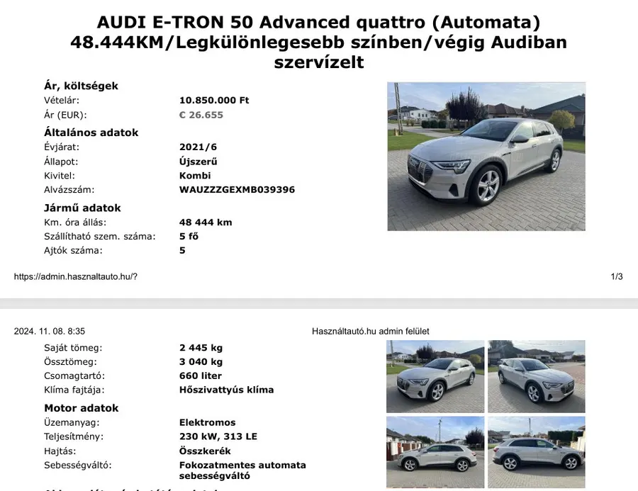 Profi Audi e-tron használtautó-hirdetés példa