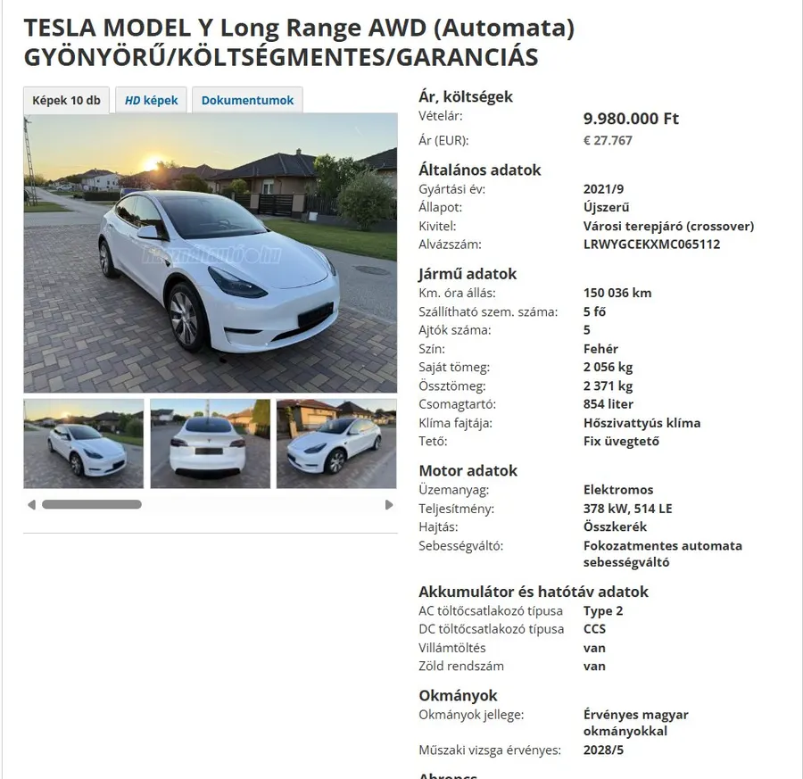 Profi Tesla Model Y használtautó-hirdetés példa