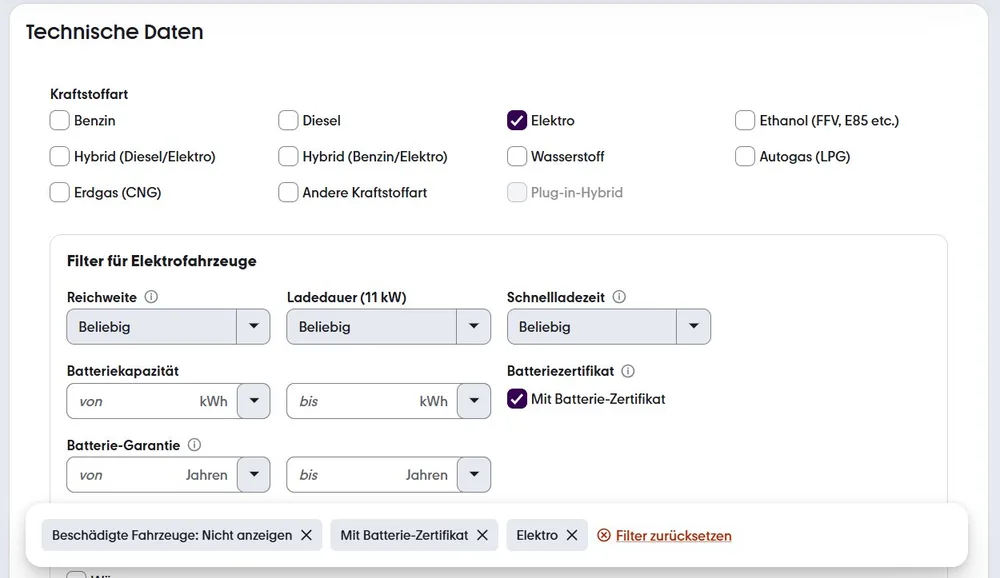 A mobile.de használtautó-piacon az akkumulátor-tanúsítvány már önálló keresési szűrő